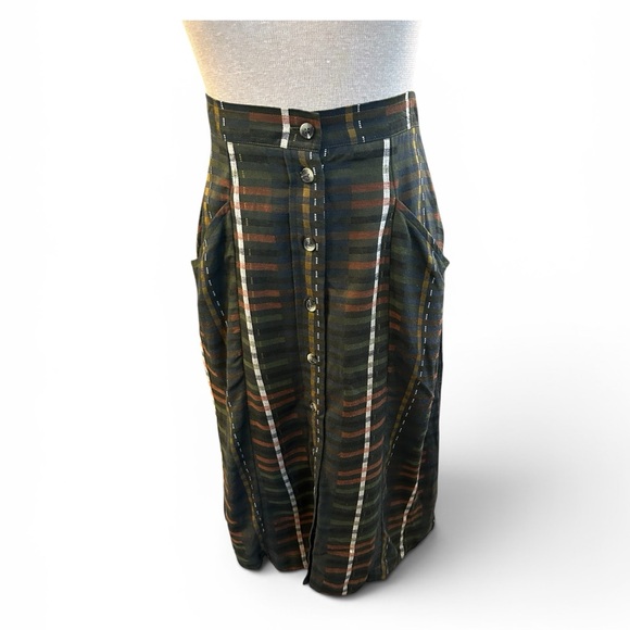 Bridge & Burn Dresses & Skirts - Bridge & Burn Sustainable High-Waist Olive Green Plaid Button-Front Midi Skirt